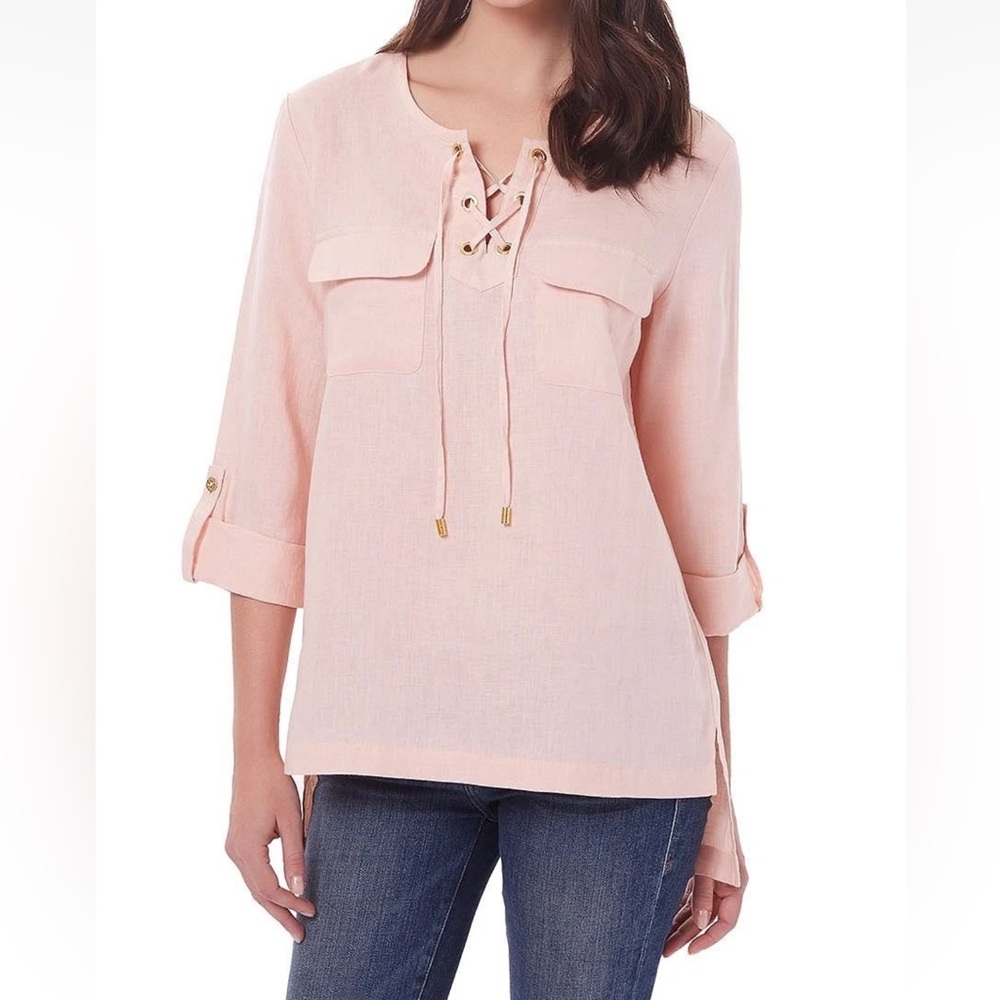 Ellen Tracy Company 100% Linen Lace-Up Blouse ‎ champagne color Sz XL
